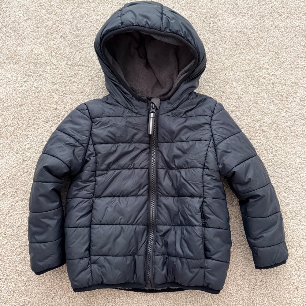 Cat & Jack Puffer Jacket Kids 2T Black Fleece Lined Hooded Quilted Coat